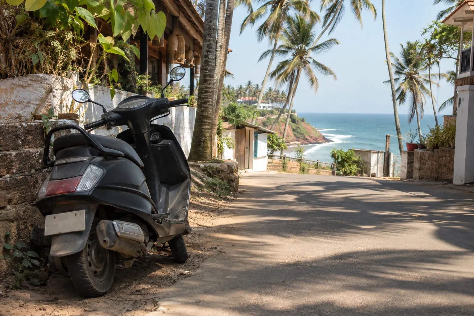 Illustrative scooter parked by a coastal road in Varkala